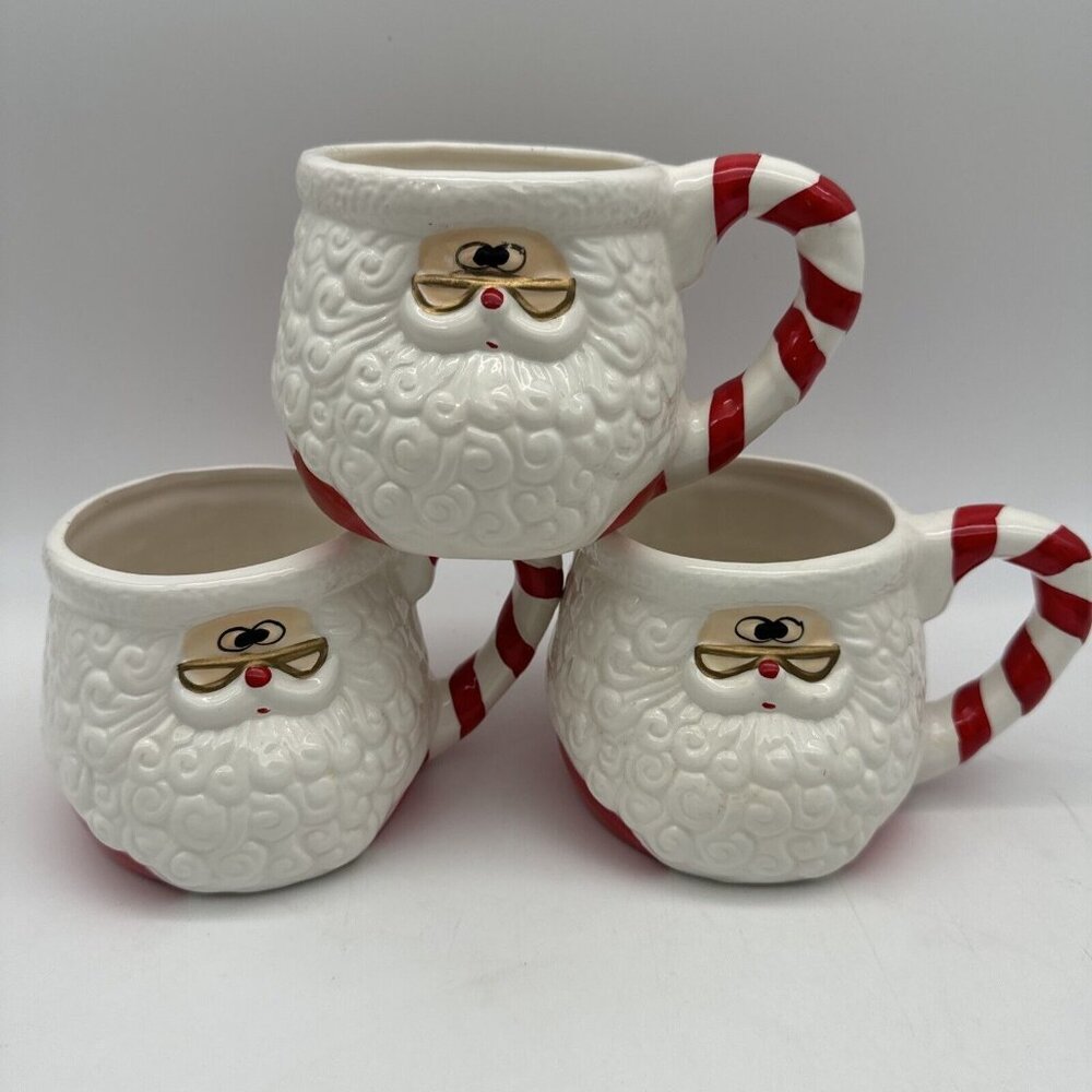 Vintage Kitschy Santa Face Candy Cane Coffee Bar Mug Set Of 3 Christmas